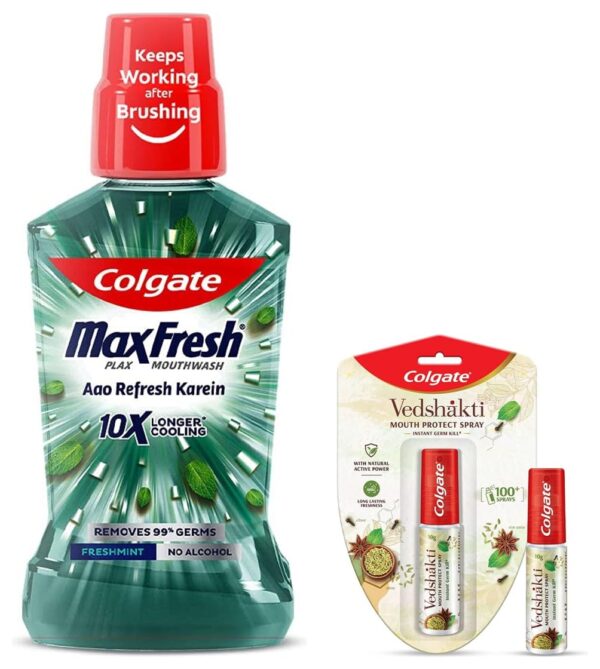 Colgate Plax Antibacterial Mouthwash, 24/7 Fresh Breath - 250ml, (Fresh Mint) & Colgate Vedshakti Mouth Protect Spray - 10gm,Pack of 1