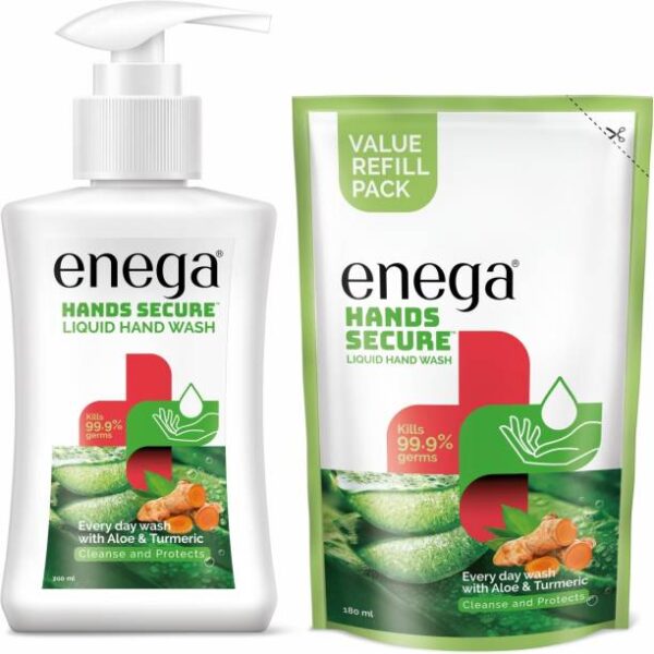 enega Hands Secure Liquide Hand Wash Cleanse & Protects from Germs in Aloe Vera & Turmeric Oil Hand Wash Pump + Refill - Price in India, Buy enega...