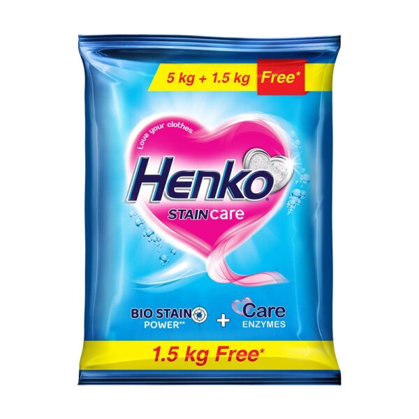 Henko Stain Care Detergent Powder 5Kg With Free 1.5Kg For Hand Wash & Top Load Machine - New Henko Stain Care With Bio Stain Power For Even...