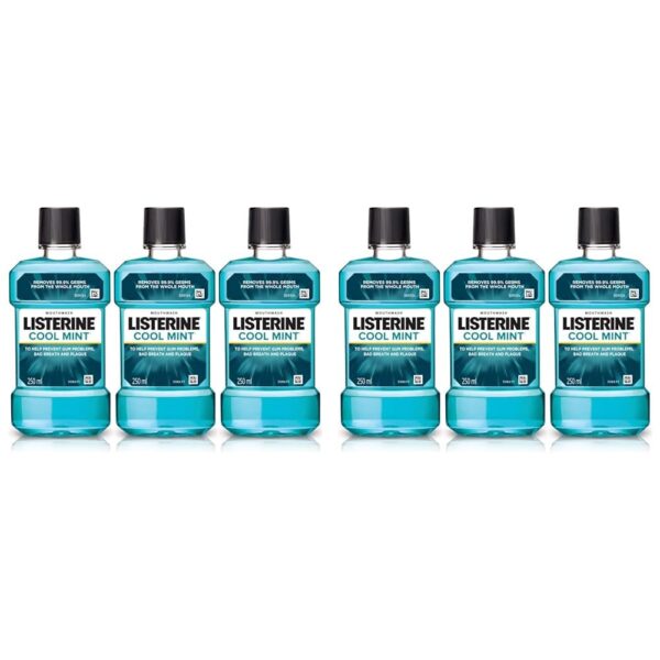 Listerine Cool Mint Mouthwash Liquid, Removes 99.9% Germs, 250ml Combo Pack of 6 (Buy 2 Get 1 Free)