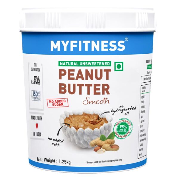 MYFITNESS Unsweetened Natural Peanut Butter Smooth 1250g | 100% Roasted Peanuts | 25g Protein | Tasty Nut Butter Spread | Vegan | No Added Sugar &...